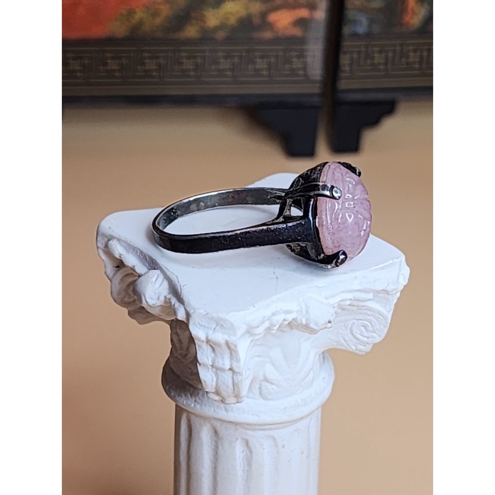 100+ Yr Old Antique 925 Sterling Silver & Carved Rose Quartz Ring Natural Patina